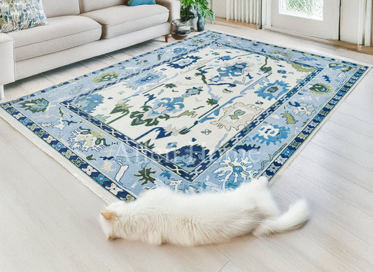 Hand-knotted wool rug in living room