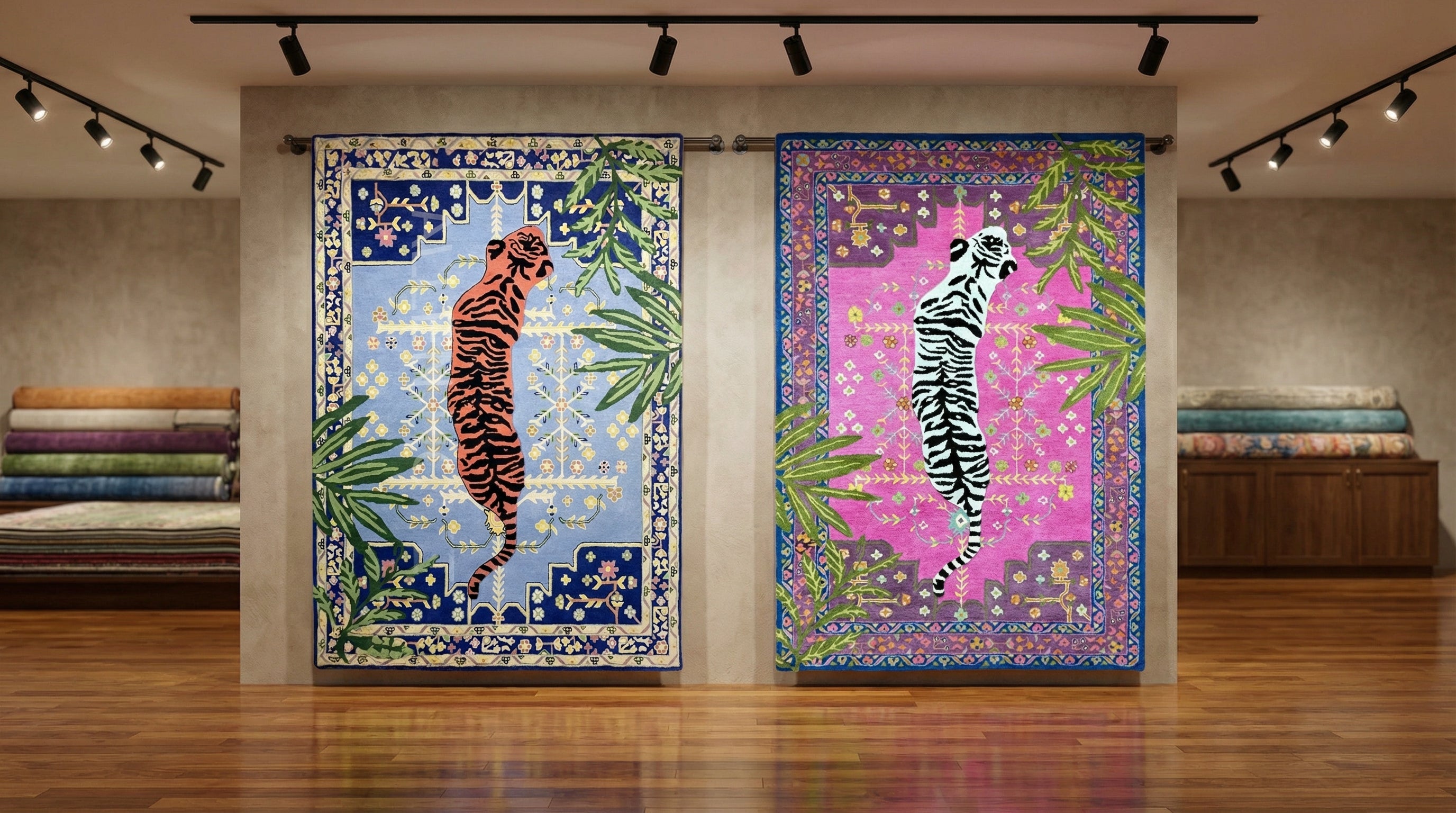 Bengal Tiger Animal Print Wool Area Rug. Hand Tufted Bold Statement Rug for Home displayed in 2 colors In a rug store