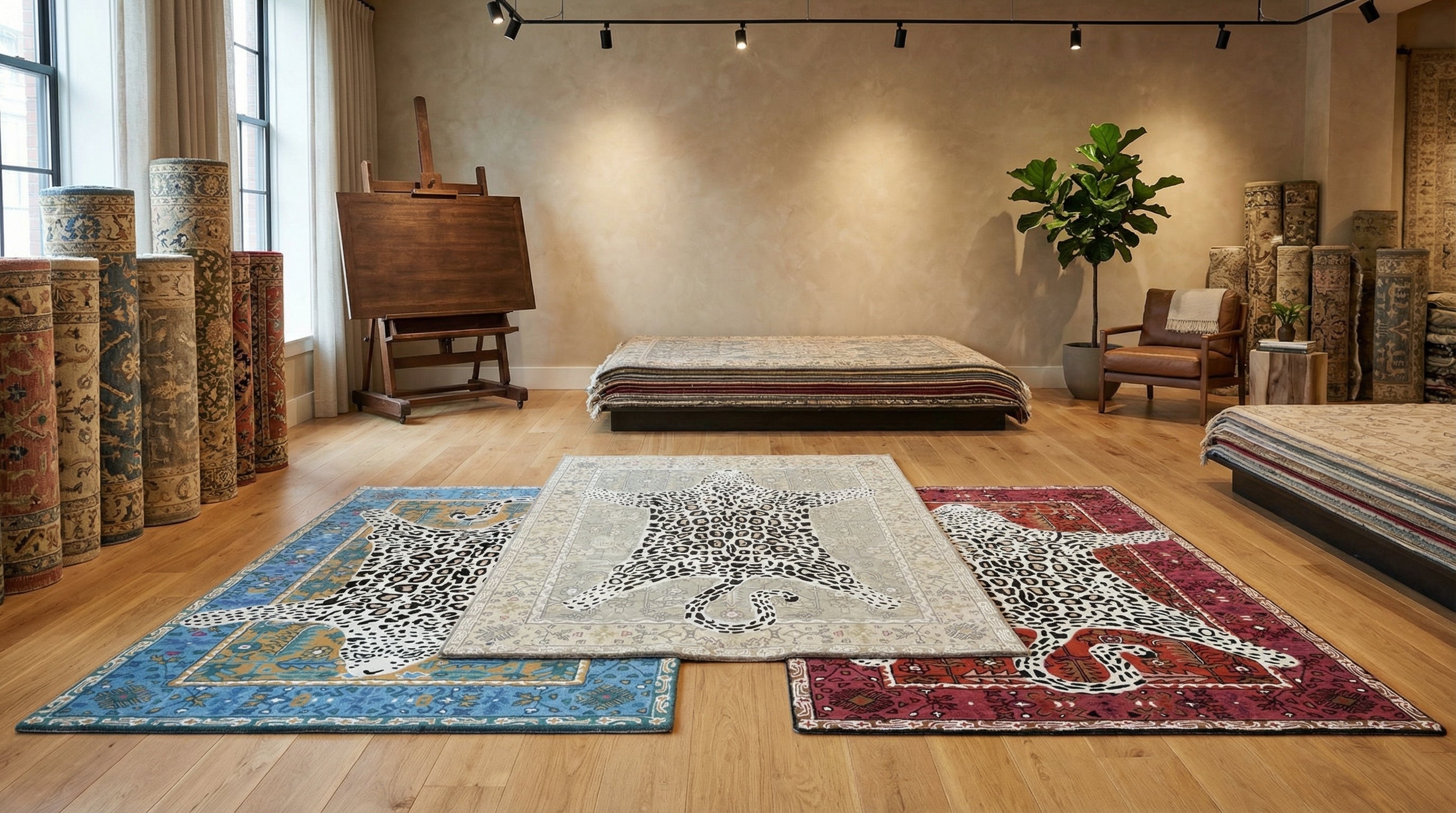 Octavia Animal Print Leopard Design Hand Tufted Wool Area Rug Displayed in 3 Colors in a Rug Store Setup