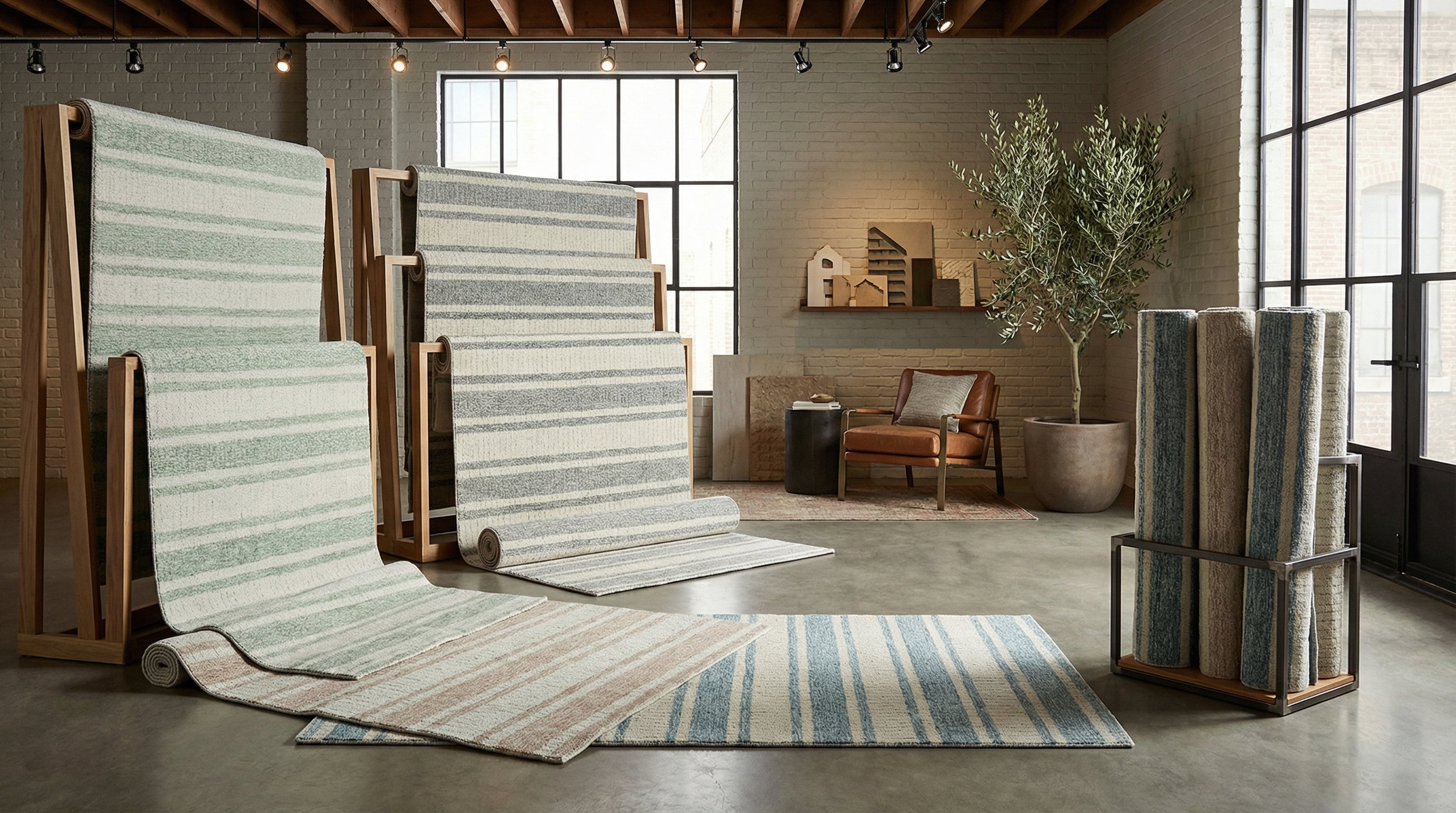 Rug display with all Vegas striped rugs on wooden stands in a room with large windows.